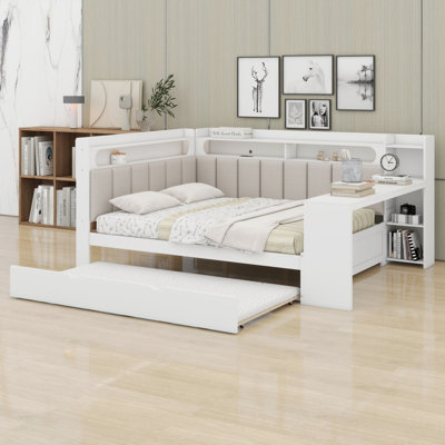 Versatile Daybed with Upholstered Headboard, LED Light, Trundle, Desk & Charging Station