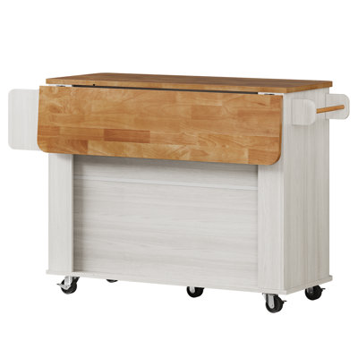 Îlot de cuisine 56 po avec armoire à poubelle, armoire de rangement avec plateau pliable en bois massif, grands tiroirs et roulettes verrouillables pour la cuisine, la salle à manger