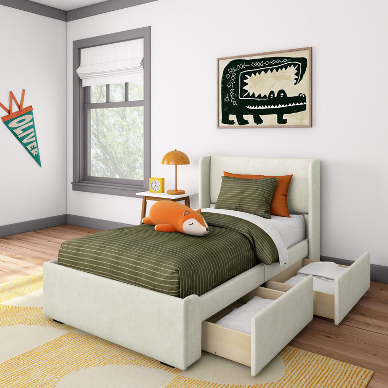 Solid Wood Upholstered Bed with Rectangular Headboard with 2 Drawer Side Storage