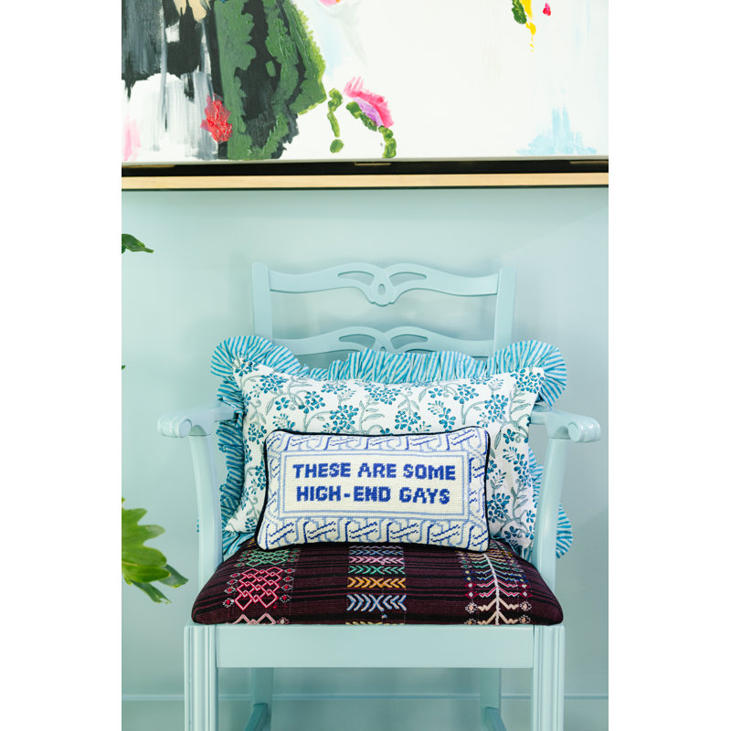 Blue and White Embroidered Wool and Cotton Throw Pillow