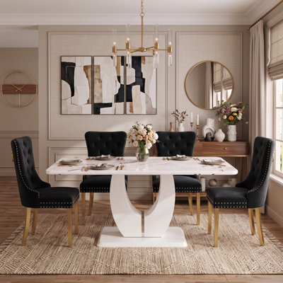 5-Piece Modern Minimalist Faux Marble Dining Set Tufted Velvet Chairs