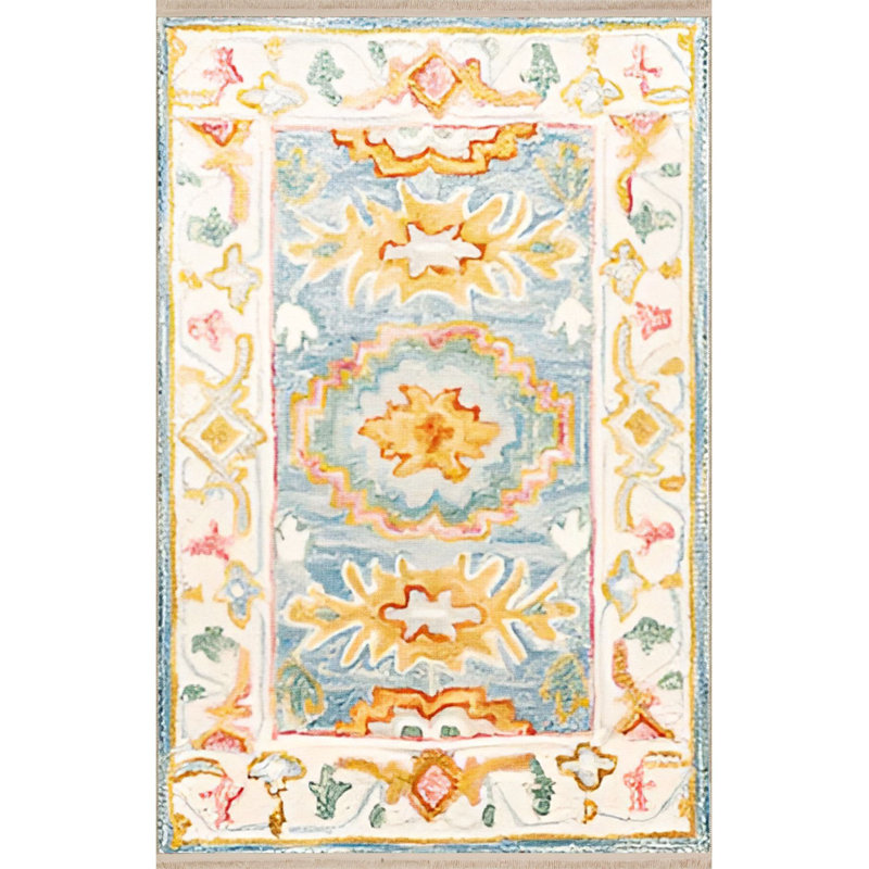 Tapis lavable décoratif floral bleu à motif floral traditionnel, Sous-tapis rectangulaire 4 pi 7 po x 6 pi 7 po inc