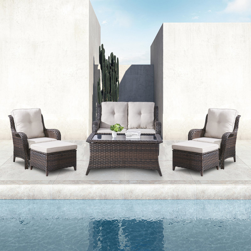 4 - Person Patio Conversation Set with Cushions, Brown, Blue