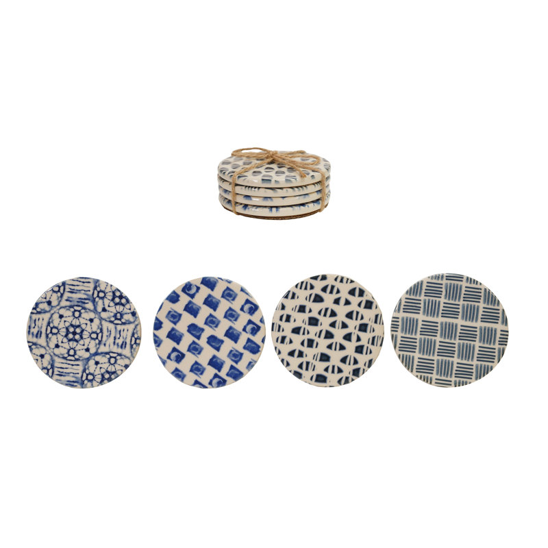 4-Piece Round Stoneware Coasters With Pattern