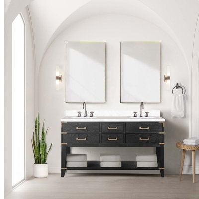 Meuble-lavabo double avec miroirs et tablette ouverte