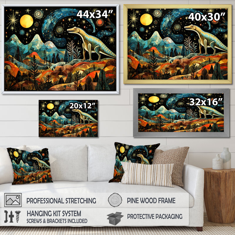 Ancient Dinosaur Legends I - Dinosaurwall Art, 30" H x 40" W x 1.5" D, Black Floater Frame