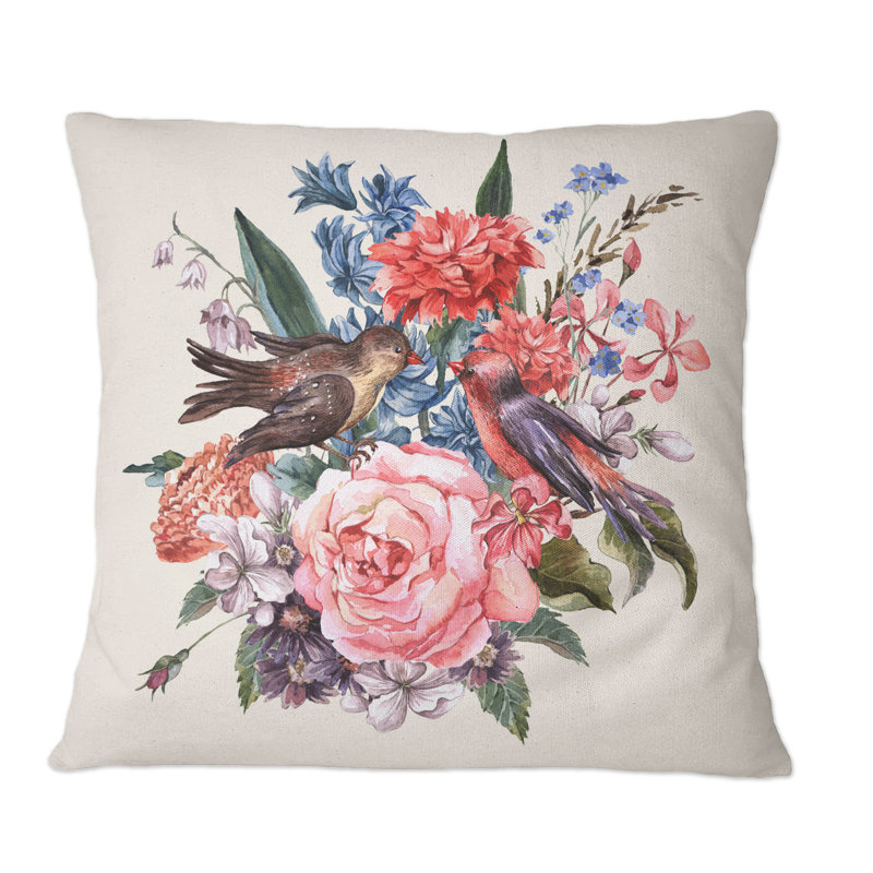 Bouquet floral avec roses, jacinthes et oiseaux - coussin décoratif traditionnel, 16 po x 16 po