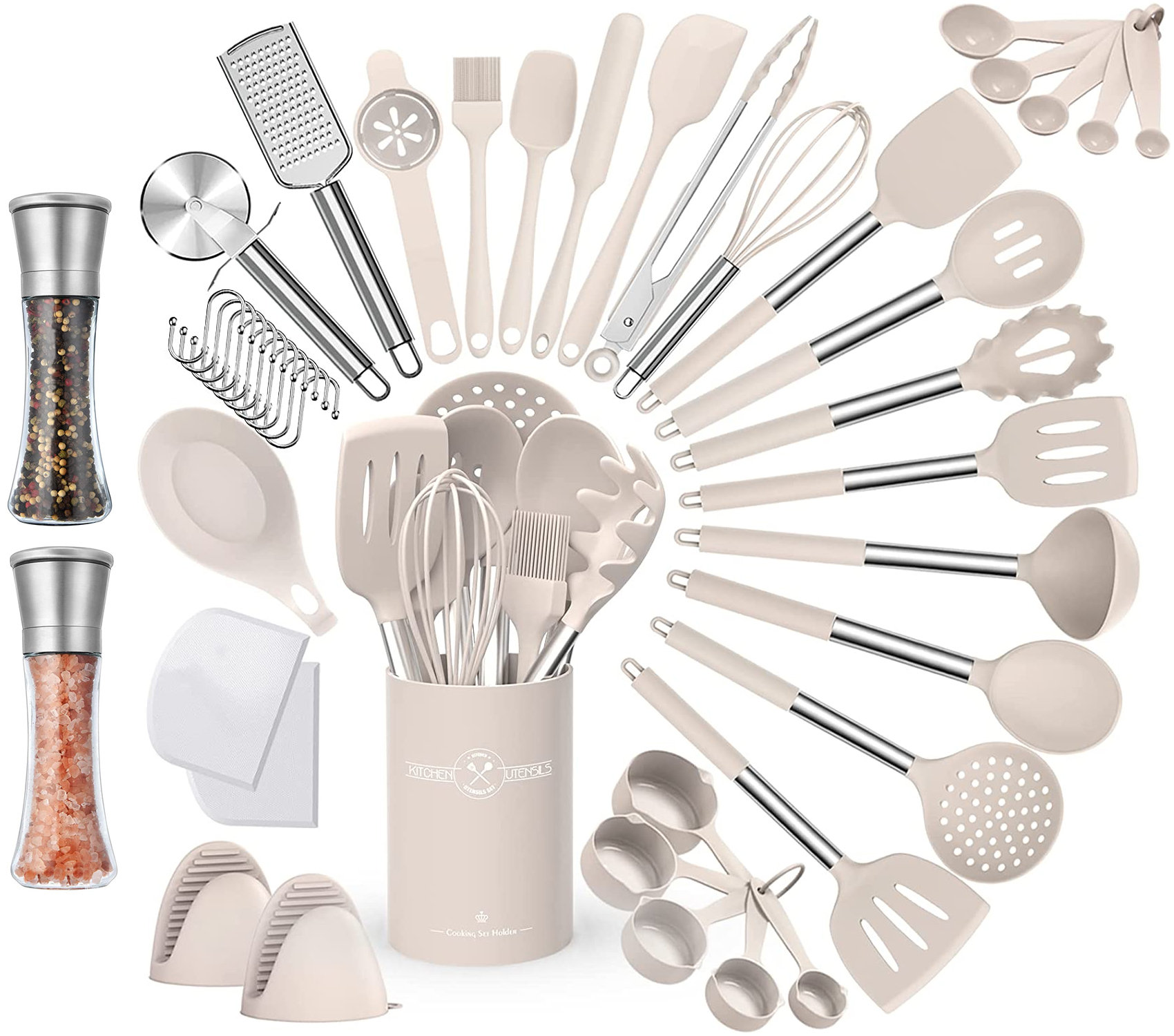 White and Copper Kitchen Utensils - 18 PC Copper Cooking Utensils Set  Includes Copper Utensil Holder, White & Copper Measuring Cups and Spoons,  Rose