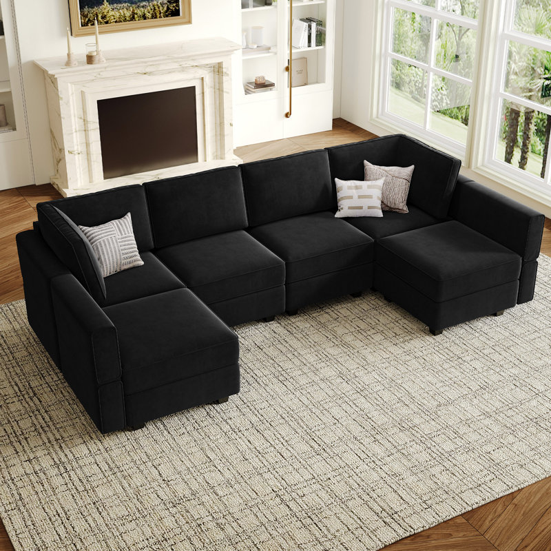 Ridoy 7-Pieces 116.6'' Wide Velvet Sectional Modular Sofa U Shaped Couch Storage Sofa - 6 Ottomans Seat, Blue  Velvet