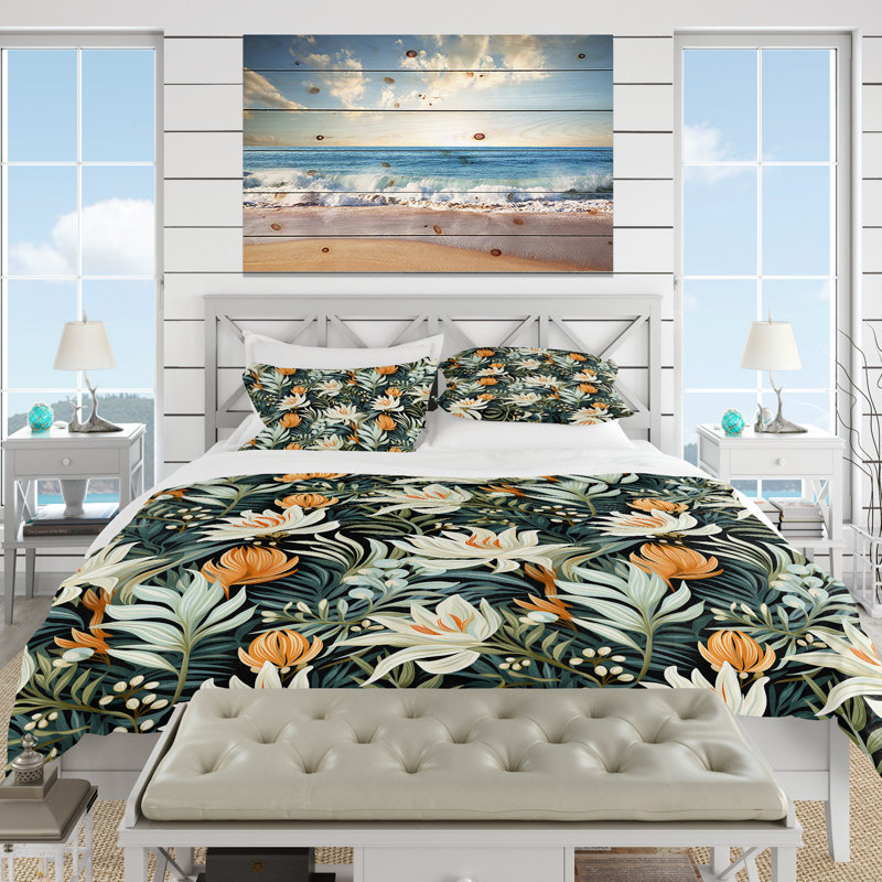 Ensemble de housse de couette à motif floral vert et orange, Housse de couette pour très grand lit et 2 très