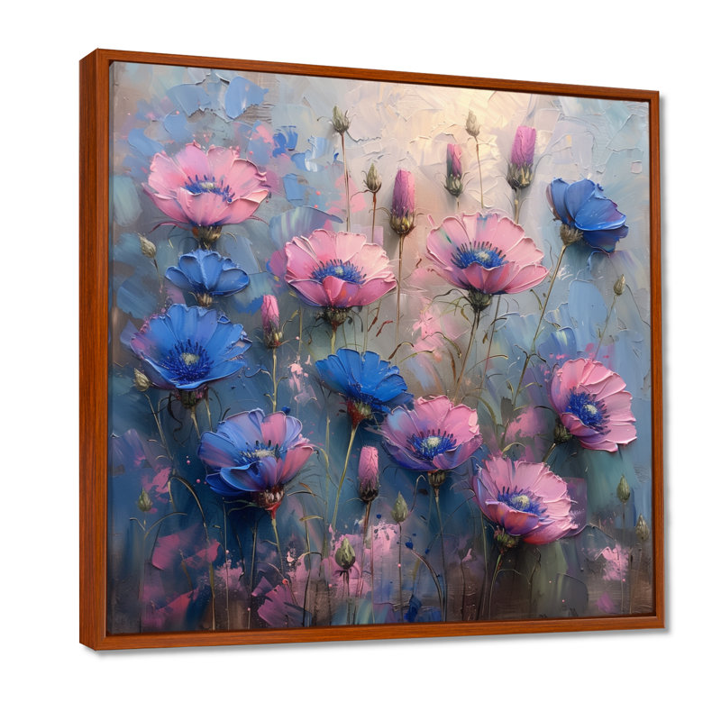 Mauve et bleu fragiles, fleurs de maïs - Art mural bleuets, H 16 po x l 16 po, Cadre flottant brun