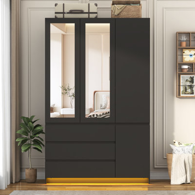 Armoire penderie 75 "en bois avec miroir, 3 portes et tablettes réglables, armoire de rangement avec tringle et tiroirs pour la chambre à coucher, le salon et le vestibule