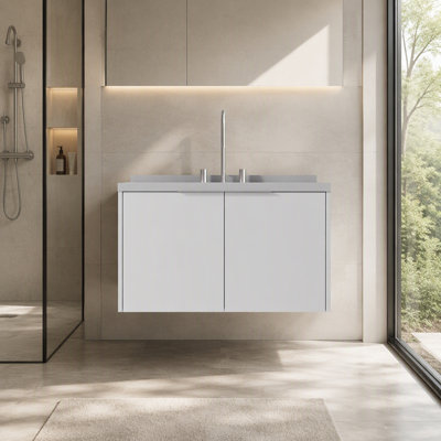 Meuble-lavabo flottant 24 po avec lavabo, armoire en contreplaqué avec portes doubles à fermeture en douceur, lavabo en marbre de culture 2 po avec dosseret