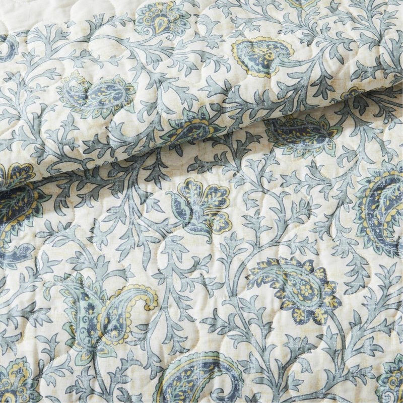 Cotton Percale Reversible Quilt Set With Decorative Pillows, King/Cal King, Farmhouse Style, Green Floral