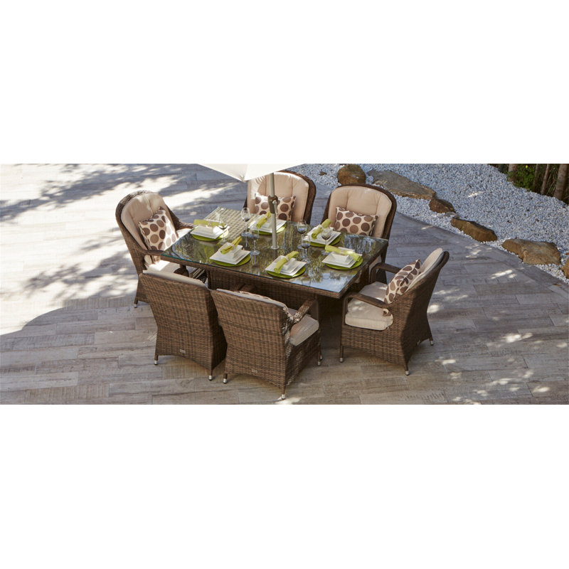 Algird 6 - Person Patio Dining Set Umbrella Hole Included Rectangular Table with Cushions Included, Brown