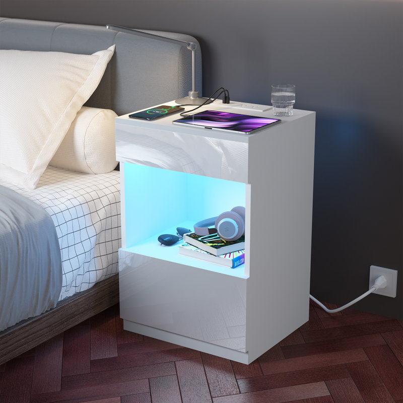 Breslyn Manufactured Wood Nightstand with Charging Station, LED Light and Shelf, White