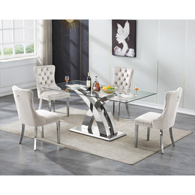 Glass Dining Table Set with Upholstered Dining Chairs, 70" Rectangle Kitchen Table and Chair Set, Clear Glass Dining Room Table Set, Modern Home Kitchen Furniture
