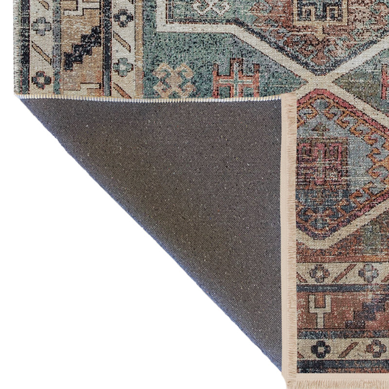 Tapis décoratif multicolore à motif frangé et à motif traditionnel, Rectangle 3 pi 11,24 po x 5 pi 10,87 po