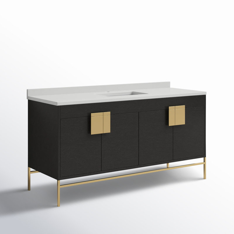 Ensemble de meuble-lavabo simple 60 po Maisie, Laiton satiné, Chêne noir à grain droit