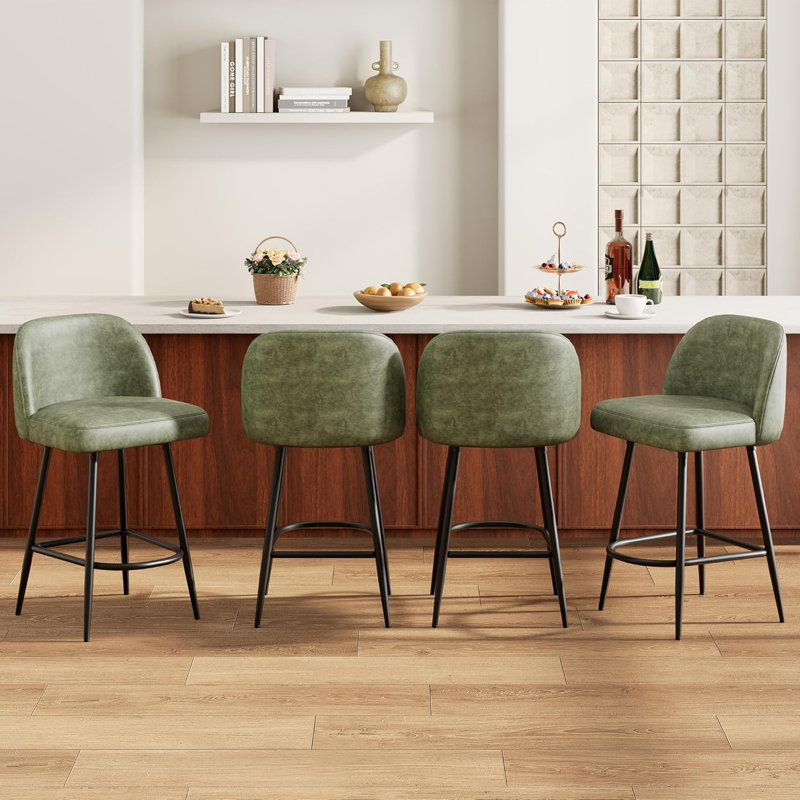 Ensemble de 4 tabourets de bar en cuir vert, repose-pieds en métal arqué de 26 po, chaises de comptoir et bistro pour bar personnel