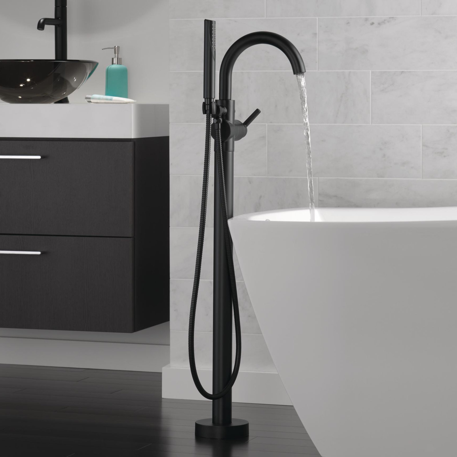 Trinsic Single Handle Floor Mounted Freestanding Tub Filler, Matte Black