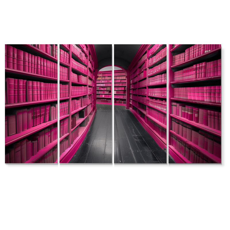 Pink Grey Library Bookshelf Perspective I - Libraries Canvas Wall Art Set, 32" H x  64" W