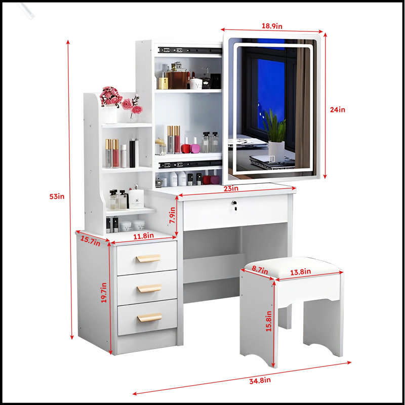 Élégant meuble-lavabo avec miroir, lumières réglables et 4 tiroirs pour le maquillage et l'organisation