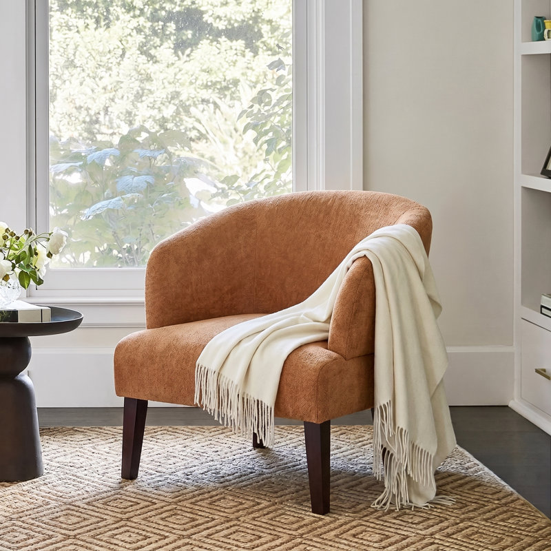 Carreras Upholstered Accent Chair With Curved Back & Wooden Legs, Light Pumpkin, 1