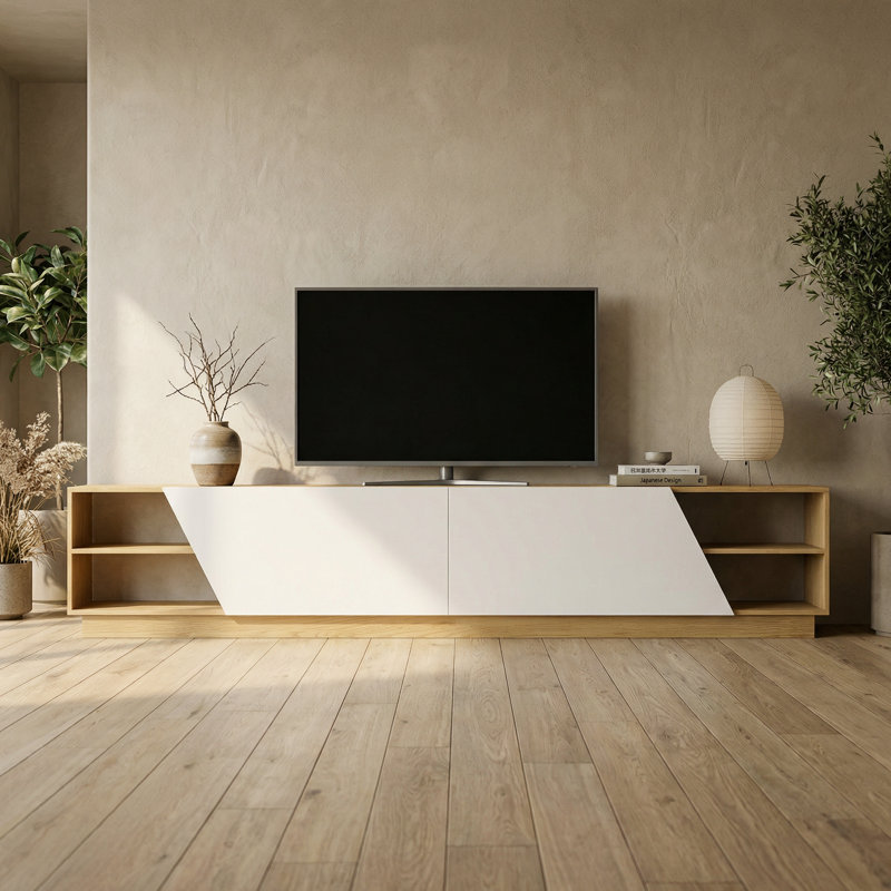 Arelene 94'' W Low-Profile TV Stand with Geometric Doors and Open Shelves, White and Oak Finish