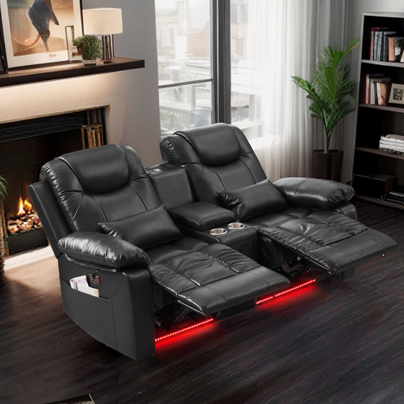 Power Reclining Loveseat Sofa Couch With Power Outlets & Colorful LED Lights For Living Room, Black