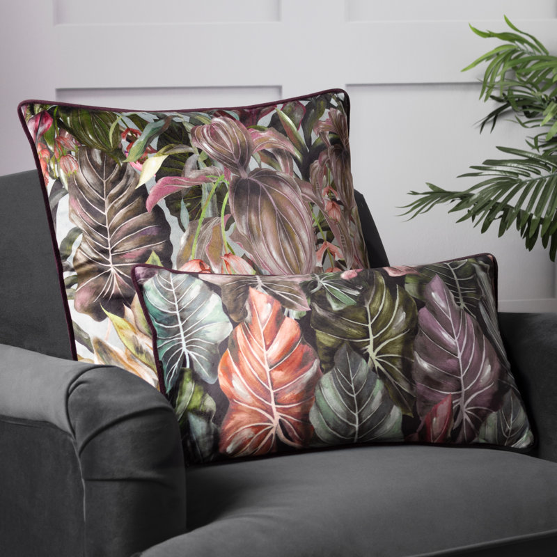 Floral Rectangular Lumbar Cushion, Aubergine, Polyester
