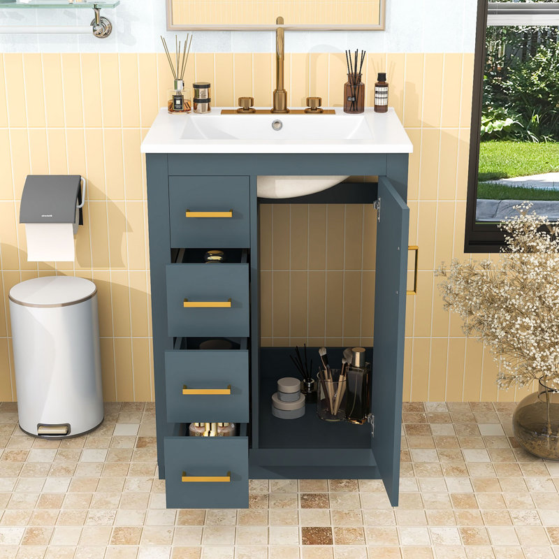 Meuble-lavabo compact de 24 pouces avec lavabo en céramique intégré et 3 tiroirs à fermeture en douceur, Blue