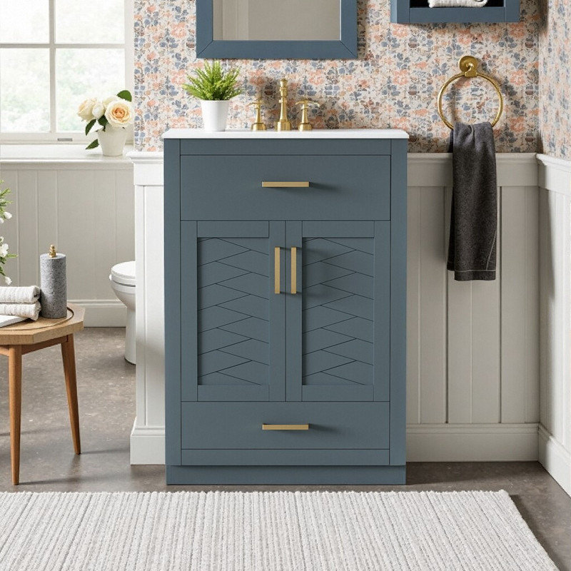 Meuble-lavabo 24 po avec lavabo en céramique intégré, armoire en panneau de fibres à densité moyenne avec portes doubles et tiroir basculant