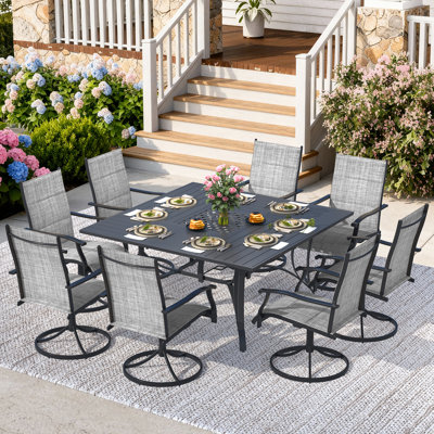 9 Piece Patio Dining Set, Outdoor Dining Table And Chairs Set For 8, 8 Swivel Chairs, 1 Iron Square Table With Adjustable Umbrella Hole (1.57"-1.97"), Patio Furniture Set For Deck, Backyard, Lawn, Poolside, Brown/gray/blue