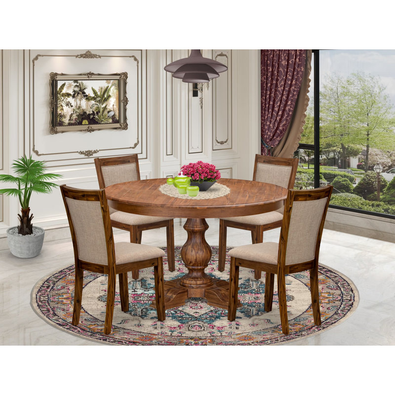 L'ensemble de salle à manger 5 pièces se compose d'une table de cuisine à piédestal et de 4 chaises de cuisine en lin brun clair avec dossier rembourré - noyer antique