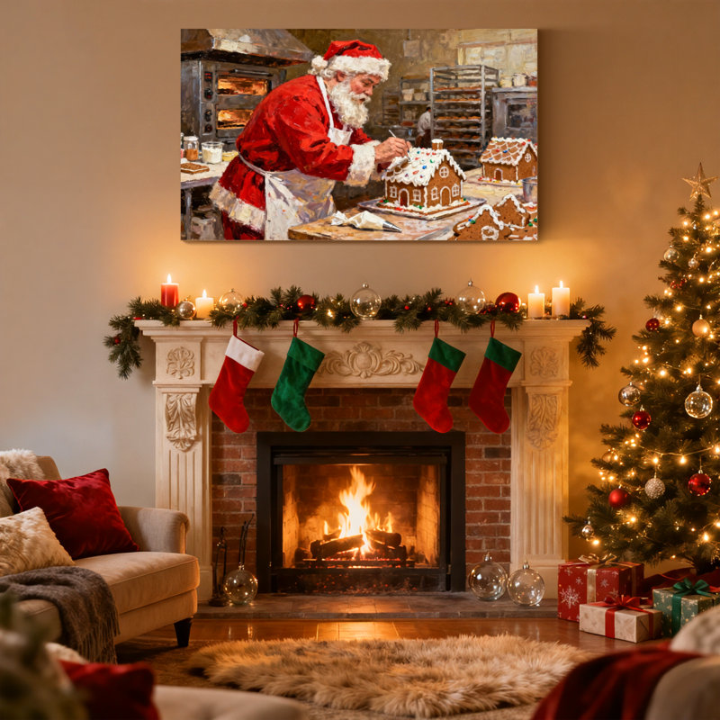 Ensemble de 3 reproductions d'art sur toile, "Christmas Santa Fabrication Gingerbread House In Kitchen", H 24 po x l 36 po