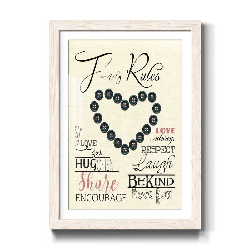 Family Rules Boutons - Impression de cadre photo sur papier, H 31,5 po x l 23,5 po x P 1,5 po, Blanc