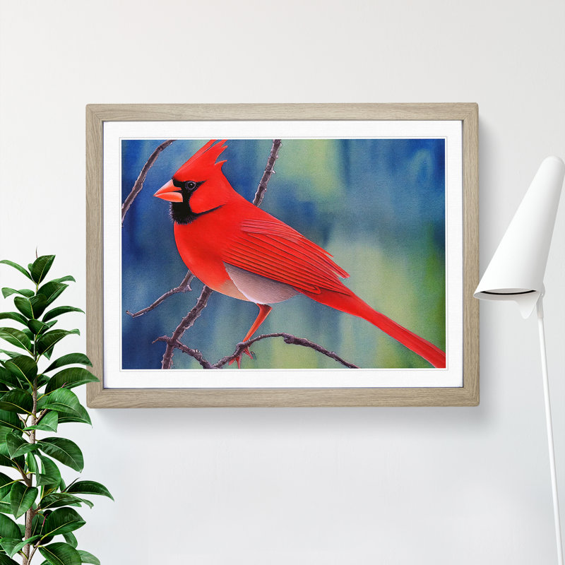Watercolour Cardinal Bird Vol.1 - Single Picture Frame Painting, 46cm H x 64cm W x 2cm D, Oak Framed