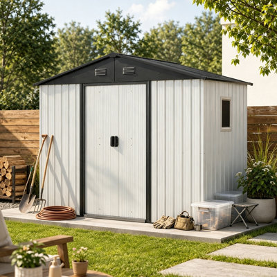 Remise de rangement extérieure en métal avec fenêtre et fondation en métal pour la cour, le patio et la pelouse