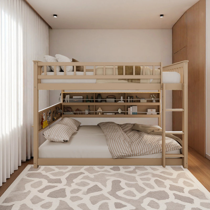 Lit superposé double au-dessus de double avec tablettes intégrées, lumières à changement de couleur et panneau perforé, Beige
