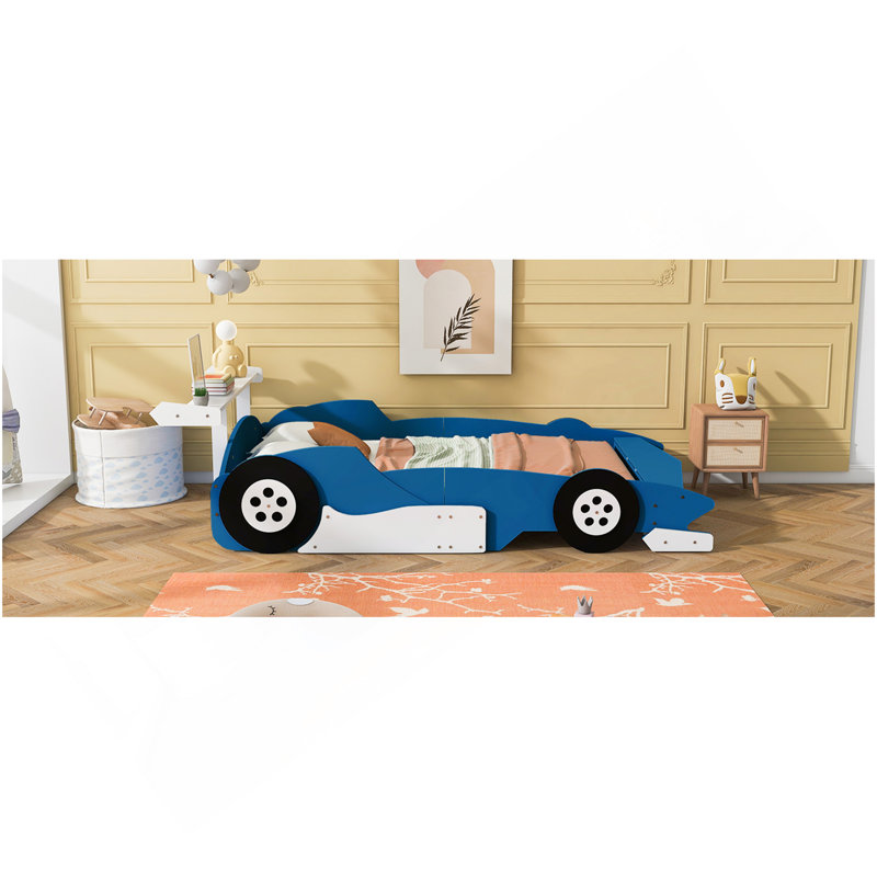Lit plateforme double en forme de voiture de course avec roues, bleu, Bleu