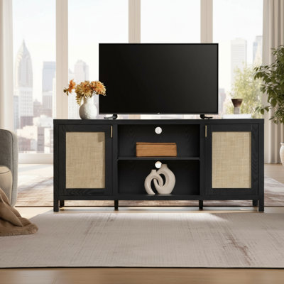 Farmhouse-Style Rattan Entertainment Center | 26-Inch High-Gloss Black Oak Finish, Rattan Doors With Storage Design, Suitable For Living Room Tvs Up To 65 Inches.