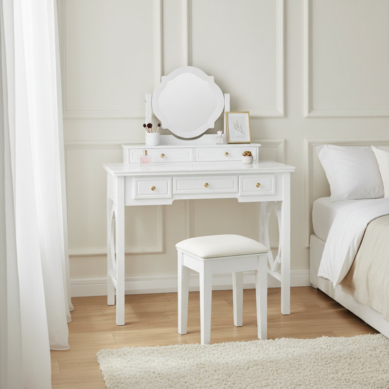 Modern Compact Vanity Desk With Reversible Mirror & Stool, White Finish For Small Rooms