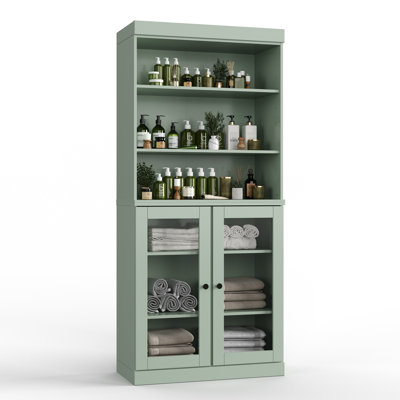 Armoire de salle de bain 100% bois massif 32 "avec portes en verre et tablettes réglables