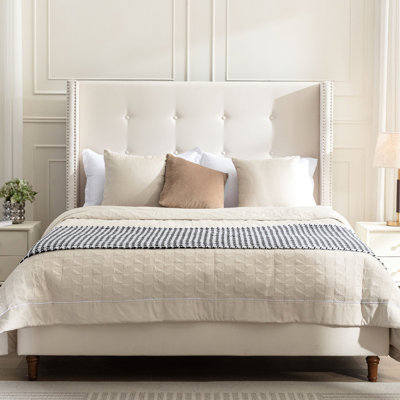Tête de lit pour grand lit de 54 po, revêtement en velours, sans sommier, assemblage rapide et facile, capitonnage à boutons traditionnel, lit à oreilles avec tête de lit à garniture cloutée, velours, ressort requis, à