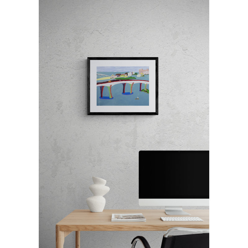 Clearwater Bridge par Sue Graef - Peinture, Papier avec cadre noir, H 17,25 po x l 21,25 po