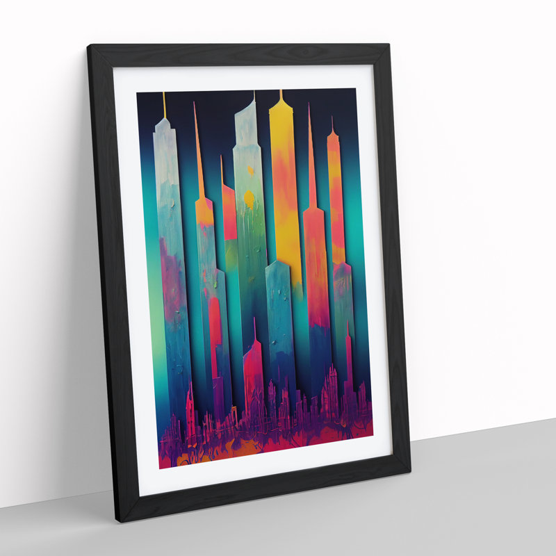 Colourful City Skyline No.3 Abstract - Wall Art, Black Framed, 66cm H x 48cm W x 2cm D, White