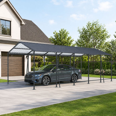 Abri de voiture robuste en métal 13 x 26,5 avec toit et cadre en acier galvanisé, grand garage extérieur avec 4 supports de tubes carrés inclinés fixes pour voitures, camions