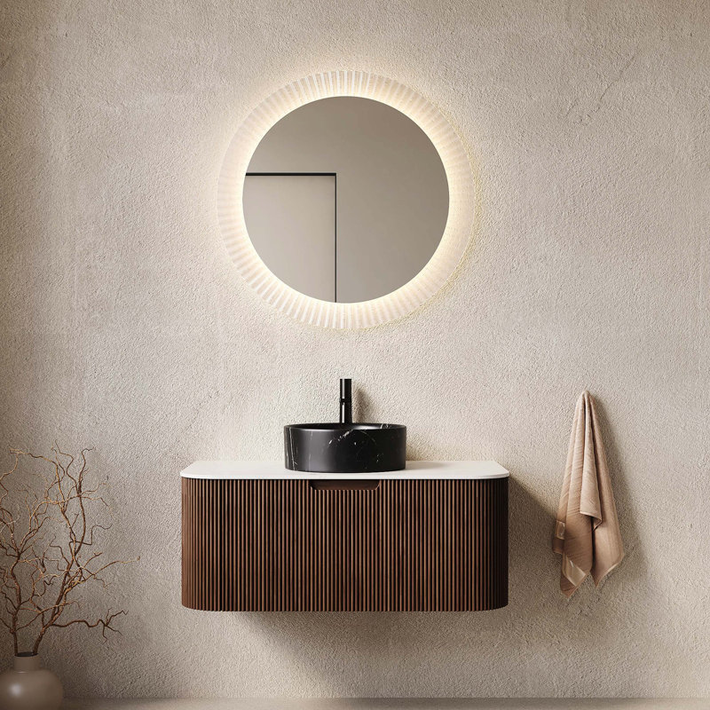 Meuble-lavabo flottant 36 po avec lavabo, armoire de rangement rayée à bord arrondi avec tiroir, lavabo rond en céramique noir pierre et plateau en pierre frittée blanc de Carrare, pré-assemblé, grain de bois noyer foncé