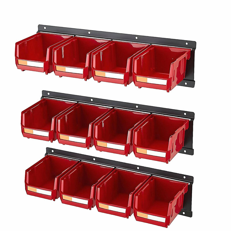 Bacs de rangement muraux, 12 bacs en plastique et 3 rails en métal, bac de rangement empilable en plastique pour vis, écrous, boulons, clous, organisateur d'outils de quincaillerie pour atelier, salle d'artisanat, garage, rouge